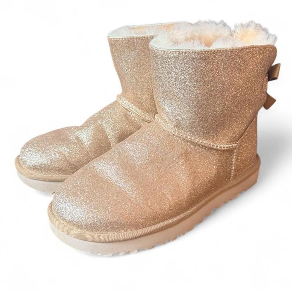 UGG Classic Mini Bailey Bow II Glitter Gold Boots Shearling Women’s Size 7